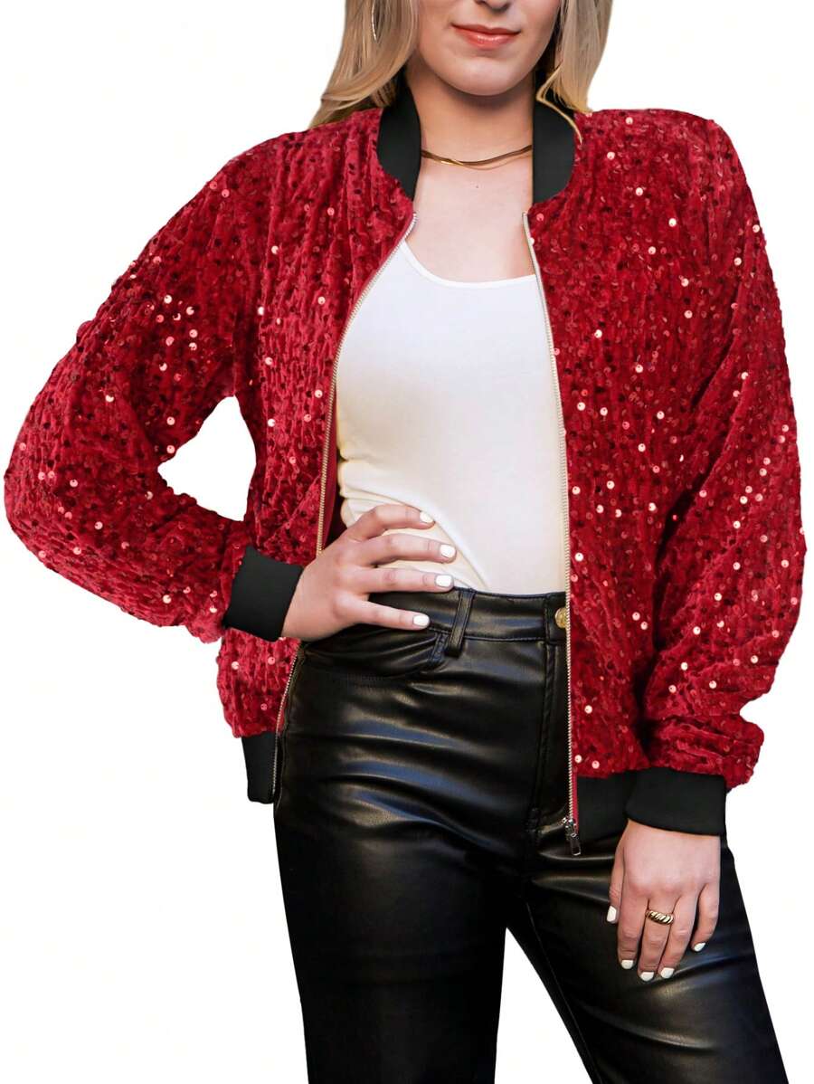 Women's Sparkly Sequin Jacket Glitter Long Sleeves Front Zip Up Bomber Jacket With Ribbed Cuffs - 紅色 - 查看 1