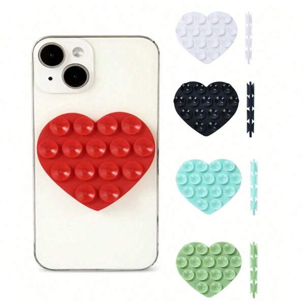 Soporte para teléfono móvil con ventosa de forma de corazón de doble cara, 3 en 1: Soporte de silicona multiusos con ventosa, estuche para teléfono móvil lindo, agarre adhesivo para dispositivos móviles, espejo de cristal