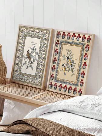 2 pièces/set "Art populaire avec des fleurs - canevas murale thème oiseau vintage pour chambre à coucher, salon, bureau ou décoration de dortoir, sans cadre"