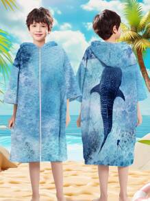 1 Peça Capa de Praia com Capuz em Microfibra de Secagem Rápida para Crianças/Meninos, Tema Oceânico, Tamanho Ampliado, À Prova de Vento, Quente e Absorvente para Surfe, Piscina, Praia, com Estampas de Tartaruga do Mar, Baleia, Tubarão