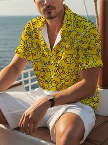 男士3D夏季拼接黄鸭印花衬衫