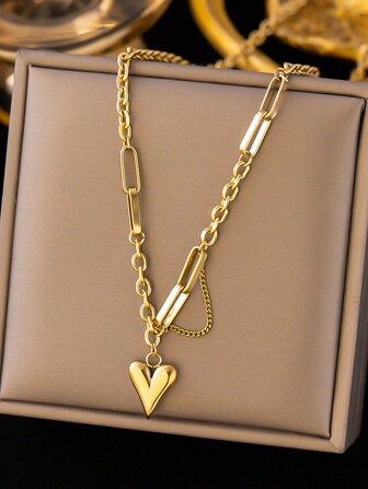 1pc European & American Style Tassel Heart Necklace, Stainless Steel 18K Gold Plated Heart Pendant Necklace, Suitable As A Gift