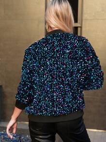Women's Sparkly Sequin Jacket Glitter Long Sleeves Front Zip Up Bomber Jacket With Ribbed Cuffs - Neon - View 2