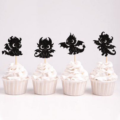 Decorações de Topo de Cupcake do Cavaleiro Dragão, Suprimentos para Festa de Aniversário com Tema de Castelo Preto Brilhante Preto e Feliz Aniversário