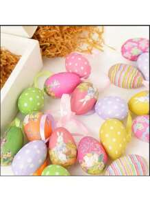 10pcs Outus Easter Hanging Egg Ornaments - Contemporary Style Paper Mache And Foam Eggs For DIY Crafts, Home & Party Decor - Oval Shaped Easter Tree Pendants With Assorted Designs, Non-Electrical