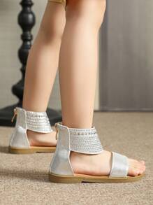 Kids Silver Rhinestone Flat Sandals, Summer Girls Shoes - Silver - View 6