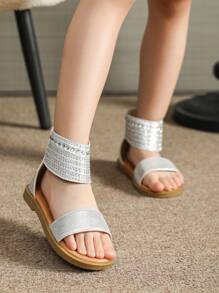 Kids Silver Rhinestone Flat Sandals, Summer Girls Shoes - Silver - View 4