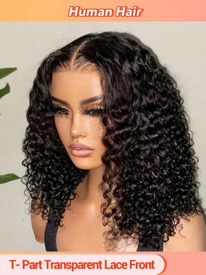 卷发波波头假发 人发 13x5x1 透明蕾丝前部假发 适合 深波浪蕾丝前部假发 短波波头 预拔婴儿头发 巴西处女人发 自然色