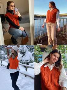 Vest For Women V Neck Sleeveless Knit Solid Casual Ribbed Preppy Pullover Tops - Orange - View 2