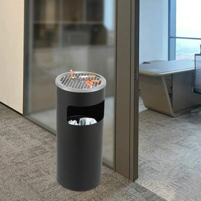 Quiltern Black Round Titanium Gold Trash Can - Indoor Waste Bin For Lobbies, Fruit Peel Bins, Floor-Standing Ashtrays