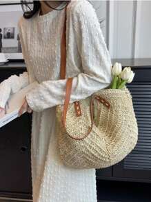 Lekka, swobodna, duża pojemność, przenośna minimalistyczna torba słomkowa z podwójnym uchwytem, średnia na wakacje dla nastolatek, kobiet, studentek, idealna na studia, do szkoły, na zewnątrz, w podróż, na wycieczki, na wakacje