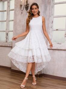 女士蕾丝新娘送礼会礼服、无袖蛋糕裙、婚纱、新娘 - 白色 - 查看 3