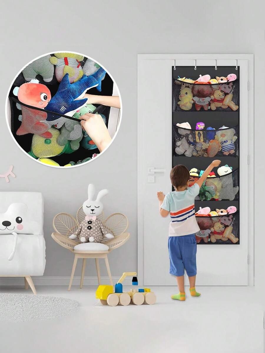 1 حقيبة شبكية كبيرة الحجم تعلق على الباب الداخلي لحجرة الأطفال، منظم للألعاب، ديكور رومانسي لعيد الحب - الأسود - مشاهدة 1