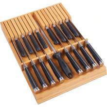 In-Drawer Knife Block Bamboo Kitchen Knife Drawer Organizer, Large Handle Steak Knife Holder Without Knives, Fit For 16 Knives And 1 Sharpening Steel (Not Included) - 16 Holder - View 2