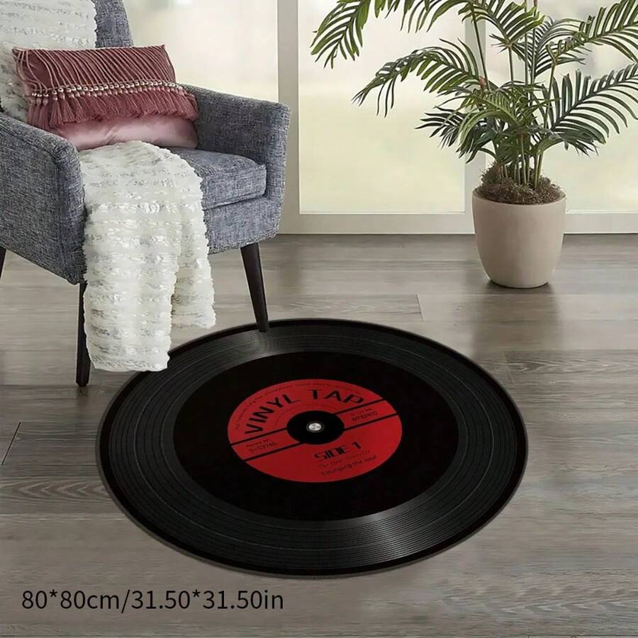 1pc Creative Flannel Vinyl Record Print Anti-Slip Washable Decorative Area Rug - Black - View 1