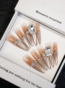 10 stuks/set lange puntige karamelbruine kattenoogglans zachte, natuurlijk ogende 3D platte nagelkunststickers, handgemaakte minimalistische, hoogwaardige, veelzijdige nagelstripset geschikt voor dagelijks gebruik, festivals en dates, druk op nagels