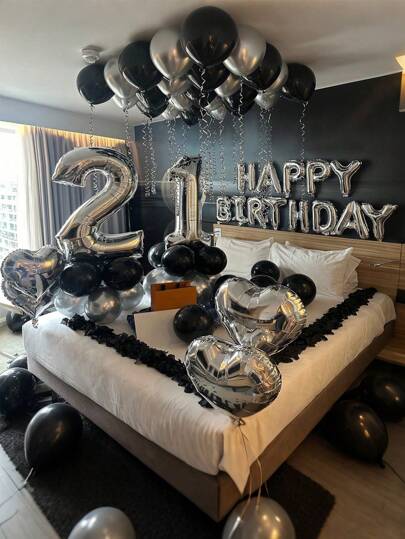MZYI.LINGER 1050/21/200pcs Black & Silver Party Balloons Decorations, Silver Happy Birthday Banner, Chrome Silver Latex Balloons, Silver Heart Shaped Foil Balloons, 1000pcs Black Rose Petals, Suitable For Birthday Party, Birthday Decoration, Anniversary, Home Decor (18th/19th/20th/21st/25th/30th Birthday)