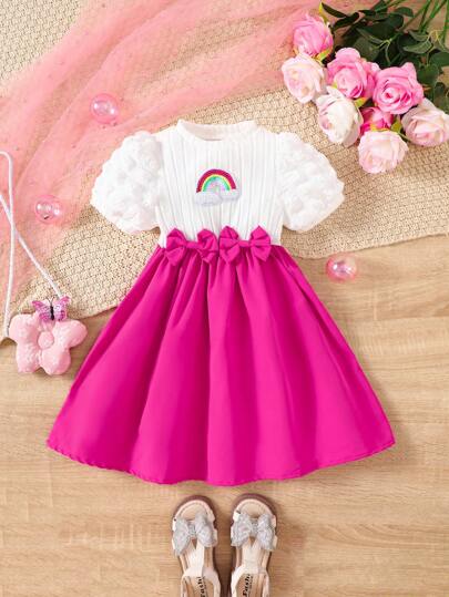 女童夏季短袖连衣裙，面料柔软，亲肤舒适，拼布设计，彩虹刺绣，休闲风格，蝴蝶结装饰，短袖连衣裙，裙子，女童连衣裙，适合4-7岁