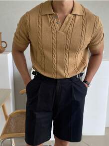 Men's Knitted Short Sleeve Cable Cable Pattern Casual Knit Top - Brown - View 4