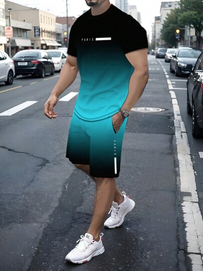 Men's Two-Piece Gradient Top And Shorts, Monogram Print 'PARIS' Round Neck And Short-Sleeved T-Shirt And Shorts With Drawstring And Pockets, Casual Fashion Suit, Suitable For Summer Outdoor Wear
