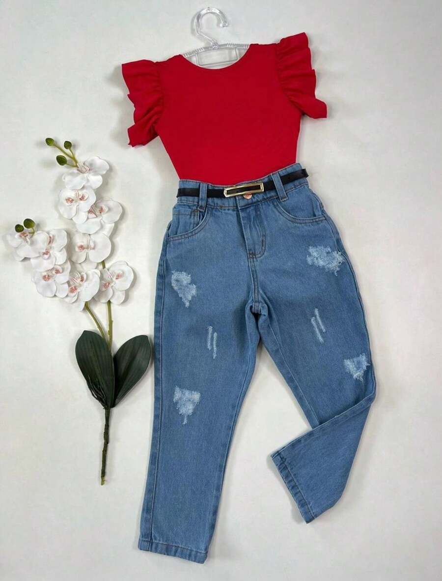 Fashionable Kids Set Bodysuit Jeans Pants Blogger Outfit Girls - Red - View 1