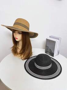 1 pieza Sombrero de paja de ala ancha para mujer para protección solar, sombrero casual y elegante de ala ancha para vacaciones de verano y playa