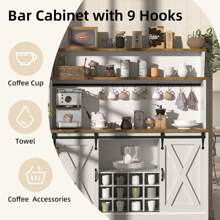 55'' Farmhouse Coffee Bar Cabinet With 3 Tier Storage Hutch, Coffee Bar Station With Sliding Barn Door, Hutch Storage Cabinet With 12 Wine Racks & 9 Hooks For Kitchen Dining Living Room