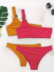 Textured One Shoulder Bikini Swimsuit Set For Pre-Teen Girls, Summer Beach Random Color Model Is 14 Years Old Teen Bikini For Girls - Multicolor - View 5