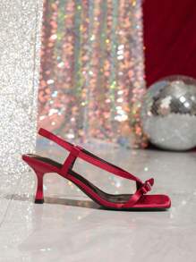 Women's French Fairy Style Square Toe Backless Sandals, Red Bowknot Open Toe High Heels, New Summer Design