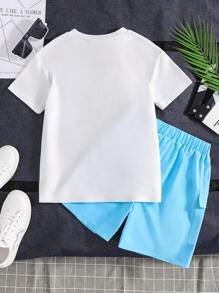 2pcs Tween Boy Letter Print Short Sleeve T-Shirt And Solid Color Cargo Shorts Set - Baby Blue - View 2