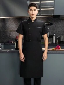 New Men's Short Sleeve Oblique Pocket Single-Breasted Decor Solid Color Stand Collar Chef Uniform - Black - View 3