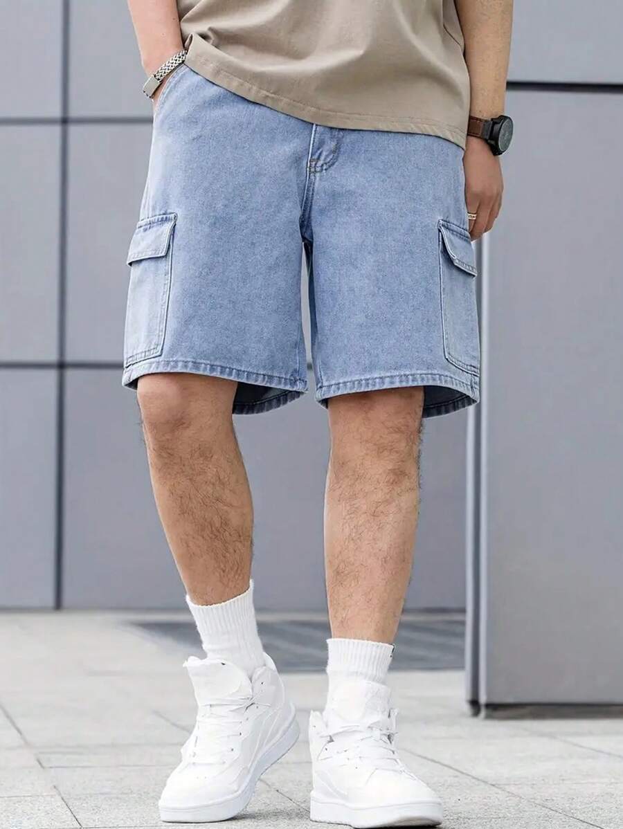 青少年男孩休闲工装口袋牛仔短裤，时尚简约设计