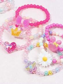 Set de 6 piezas/18 piezas de pulsera con dijes de corona, flor y corazón, pulsera de cuentas con dijes coloridos para niños, adecuado para fiestas, cumpleaños, color aleatorio