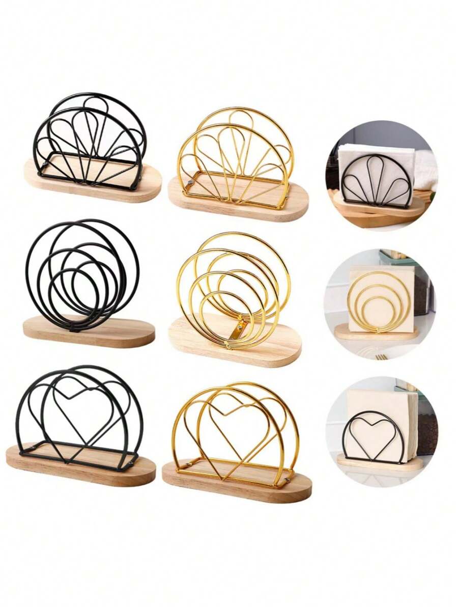 1pc Nordic Style Wooden Base Wrought Iron Napkin Holder, Vertical Paper Towel Holder, Western Restaurant Napkin Holder, Storage Rack, Wooden Paper Towel Holder, Vertical Metal Paper Towel Dispenser, Desktop Decoration Accessories, Suitable For Home, Restaurant, Hotel And Cafe Home Decoration, Valentine's Day - Multicolor - View 1