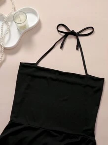 Ladies' Sexy Solid Color Backless Deep V-Neck Summer Dress,Elastic Waist Sleeveless Dress,Lace Up,Side Slit Nightgown,Metal Chain Decoration,Spaghetti Strap Slip Short Dress,Wrap The Buttocks Skirt,Secretary's Skirt,Sexy Women Dresses,Nightdress Party Dress ,Prom Dress,Sexy Lingerie
