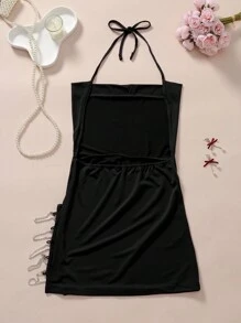 Ladies' Sexy Solid Color Backless Deep V-Neck Summer Dress,Elastic Waist Sleeveless Dress,Lace Up,Side Slit Nightgown,Metal Chain Decoration,Spaghetti Strap Slip Short Dress,Wrap The Buttocks Skirt,Secretary's Skirt,Sexy Women Dresses,Nightdress Party Dress ,Prom Dress,Sexy Lingerie