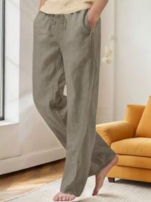 SANOPY Men's Solid Color Cotton And Linen Waist Drawstring Casual Pants, Loose Straight Pants - Light Grey - View 1
