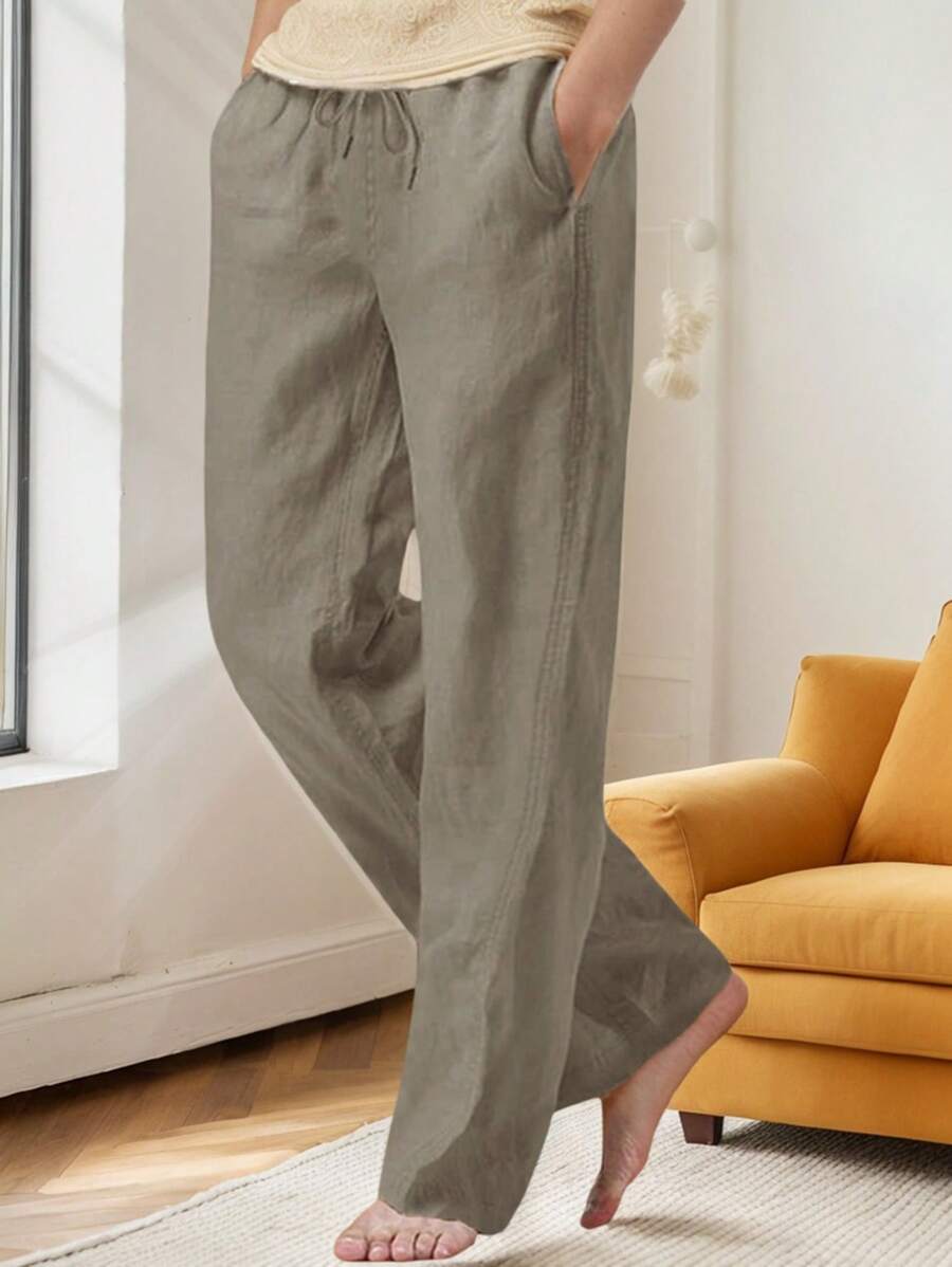 SANOPY Men's Solid Color Cotton And Linen Waist Drawstring Casual Pants, Loose Straight Pants - Light Grey - View 1