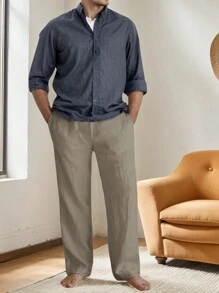 SANOPY Men's Solid Color Cotton And Linen Waist Drawstring Casual Pants, Loose Straight Pants - Light Grey - View 4