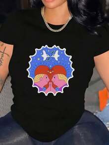 Women's Vibrant Chic Heart Shape Graphic Print Tee Crew Neck Short Sleeve Shirt For Daily Wear - 黑色 - 查看 1