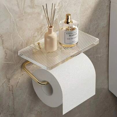 Bathroom Paper Towel Holder With Storage Tray, Waterproof Acrylic Toilet Paper Holder, Aluminum Alloy Multi-Function Toilet Paper Storage Rack, High Capacity & Strong Load Bearing, Luxury Bathroom Wall-Mounted Tissue Box & Phone Holder, No-Drill Installation Bathroom Accessories Bathroom Tools