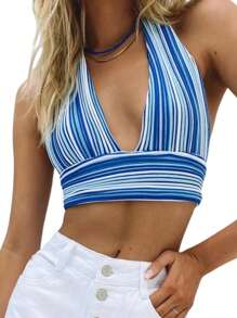 Women Halter Crop Top, Adults Sexy Sleeveless Tie Up Striped V-Neck Tops Pink, Blue - Azul - Ver 2