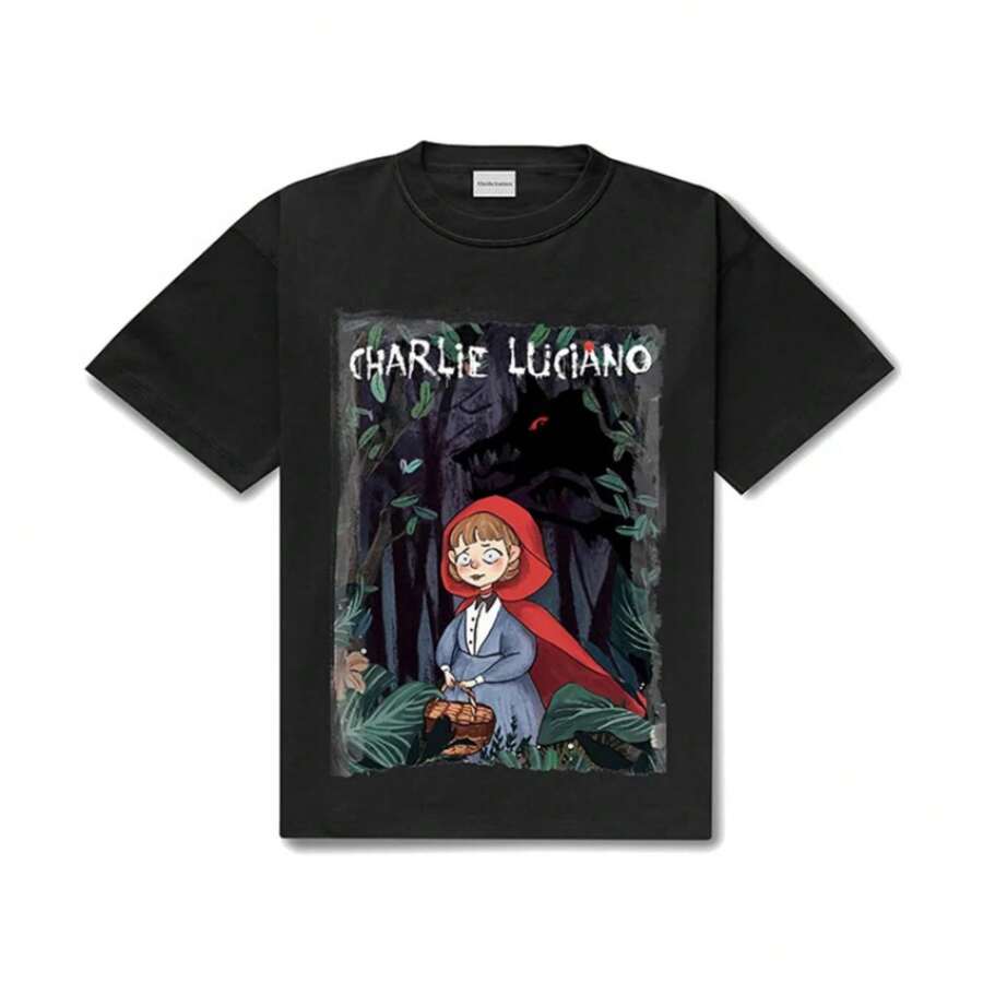 Charlie Luciano Little Red Riding Hood Printed Men's Short Sleeved T-Shirt CL T Shirt Couple Loose Top - 黑色 - 查看 1