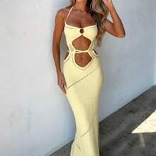 Women's Sleeveless Knit Long Dress Solid Color Halter Front Cutout Back Tie-Up Slim Dress - 黃色 - 查看 1