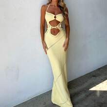 Women's Sleeveless Knit Long Dress Solid Color Halter Front Cutout Back Tie-Up Slim Dress - 黃色 - 查看 4