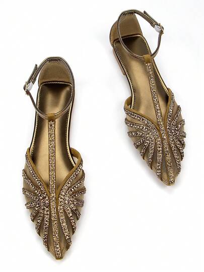 2025 秋季女士优雅水钻装饰古铜镂空包头踝带平底鞋，舒适日常和派对穿着