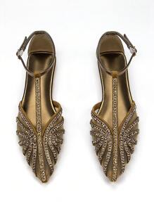 2025 Autumn Women Elegant Rhinestone Decor Bronze Hollow Closed Toe Ankle Strap Flats, Comfortable For Daily And Party Wear - Bronze - View 4