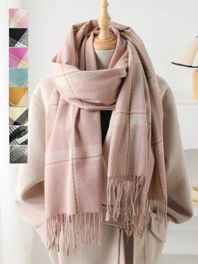 1 pieza Bufanda de cuadros cálida con flecos, chal largo, otoño/invierno