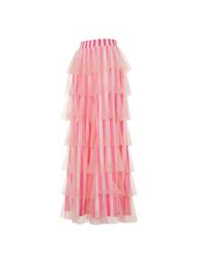 Women  Cute Pants Casual Layered Mesh Ruffles Stripe Print Elastic Trousers For Daily Streetwear