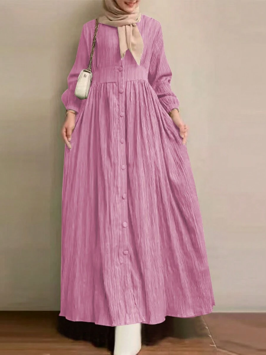 Women's Retro Long Sleeve Solid Color Dress, Spring/Autumn New Elegant Casual Comfortable Dress Ladies,Modest - Coral Pink - View 1